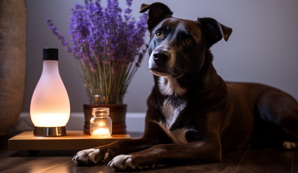 dog next to oil diffuser with lavender